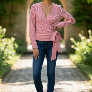 Chelsea28 Red and White Long Sleeve Wrap Blouse top